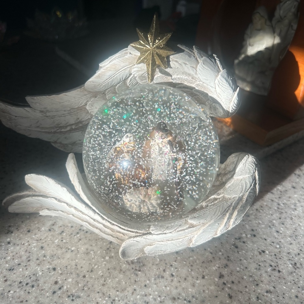 Nativity Scene Snow Globe with Angel Wings